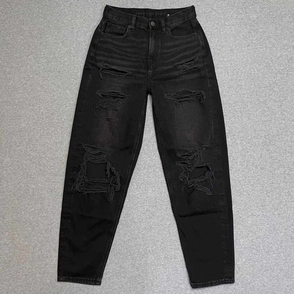 American Eagle Jeans‎ Womens 0 Black Relaxed Mom High Rise Distress Ripped Denim